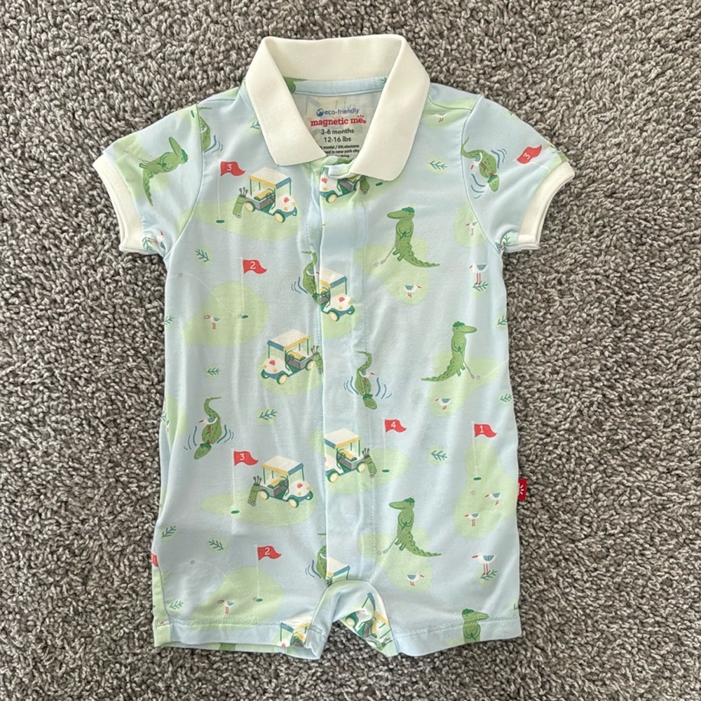 Magnetic Me modal golf polo romper “a putt above”, size 3-6, EUC